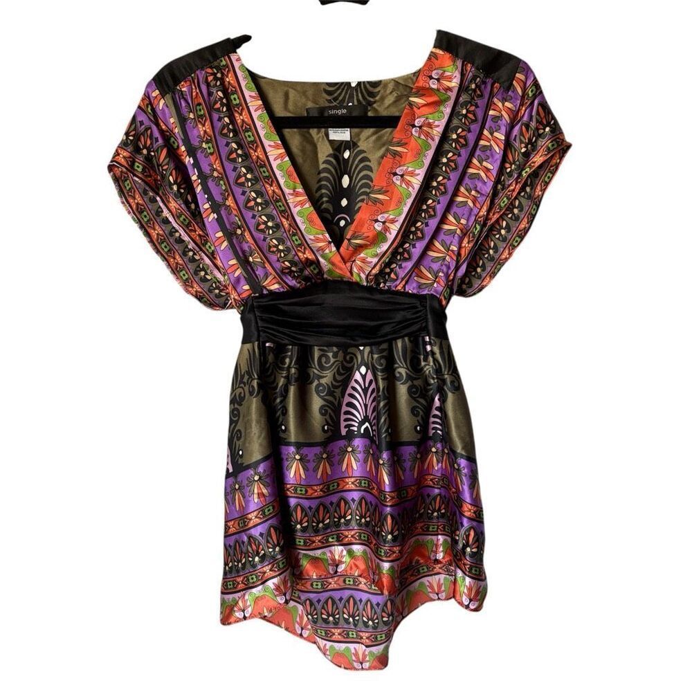Single Silk Multicolored Purple Boho Y2K size Small Top Blouse Sash Tie Back